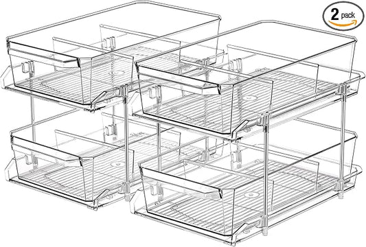2 Set, 2 Tier Clear Organizer with Dividers for Cabinet, Shlef, Counter - MultiUse Slide-Out Storage Container - Kitchen, Pantry, Medicine Cupboard Bins, Bathroom, Vanity Makeup, Under Sink Organizing