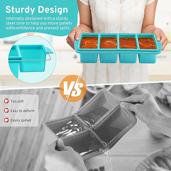 Silicone Freezer Tray with Lid - 1 Cup Silicone Food Tray - Large Ice Cube Freezer Molds - Soup, Sauce, leftovers, Homemade Meal Prep Freezing Kitchen Storage Containers - Aqua - 1-Pack