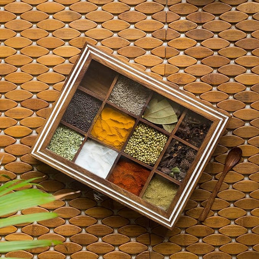 ExclusiveLane Wooden Indian Spice Box With Spoon (12 Compartments, 90 ML Each) - Masala Dabba Wooden Masala Box Namak Daani Sheesham Wood Spices Organizer Container Spice Boxes For Kitchen
