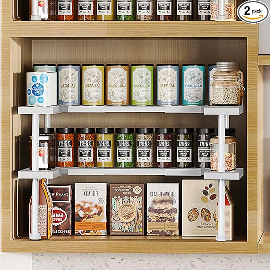 DOLALIKE Expandable Spice Rack Organizer, Stackable Cabinet Shelf Organizer Rack, Space Saving Kitchen Seasoning Organizer Storage for Home Pantry Cupboard (White)