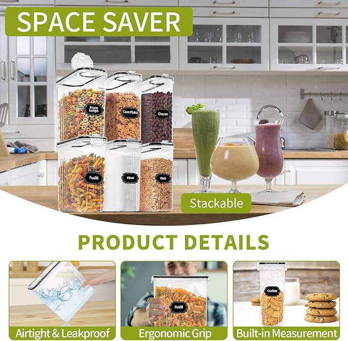 Skroam Cereal Containers Storage of 6 [4L/135.2 oz], Airtight Food Storage Containers with Lids, Plastic Cereal Dispensers for Kitchen & Pantry Organizers and Storage, Measuring Cup & 20 Labels