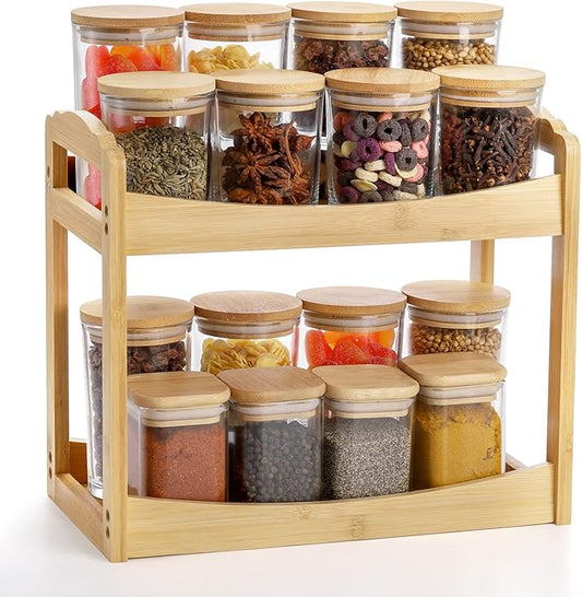 Bekith 2 Tier Spice Rack Organizer for Cabinet, Bamboo Countertop Shelf Corner Shelf Pantry Shelves for Kitchen, Bedroom, Bathroom