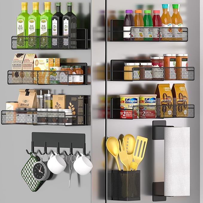 Magnetic Spice Rack for Refrigerator, 10 Pack Metal Magnetic Shelf, Moveable Spice Organizer with Hook Rack, Paper Towel Holder, Kitchenware Holder, Strong Magnetic Storage Fridge Organizer Black