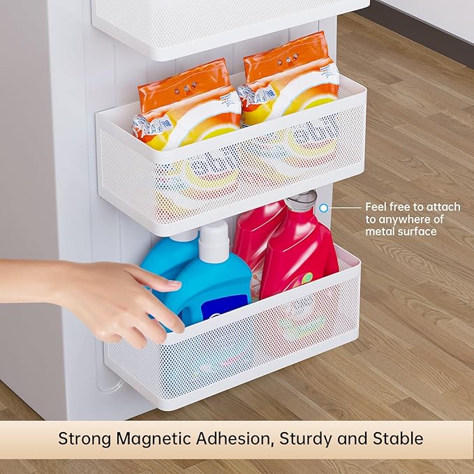 Magnetic Shelf for Washing Machine Magnetic Organizer for Laundry Washing Machine Shelf Hanging Basket Storage Magnetic Fridge Shelves Spice Rack for Refridgerator (White, L13.78in*W5.12in*H3.94in)