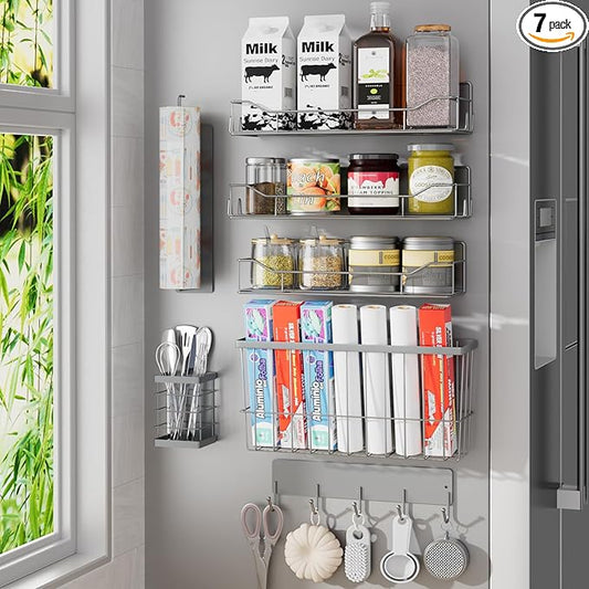 Magnetic Spice Rack for Refrigerator, 7 Pack Magnetic Fridge Shelf for Kitchen Organization Storage, Moveable Spice Organizer W/Paper Towel Holder, Utensil Caddy, Cutting Board Rack (Grey)