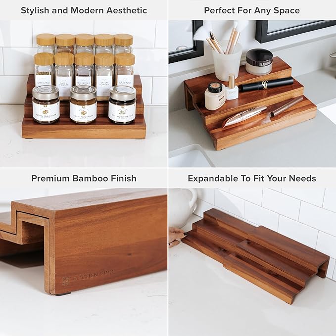 Expandable Spice Rack Organizer for Cabinet, 3-Tier Shelf for Spice Organization (11” to 22”), Fits 36 Spice Jars, Seasoning and Pantry Storage, Non-Slip Feet, 100% Acacia Wood