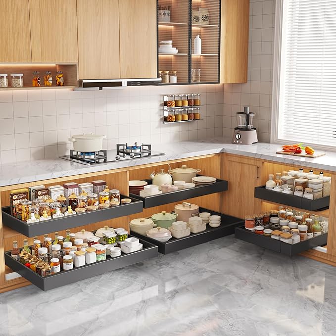 2 Pack Pull Out Cabinet Organizers 21"Deep With Raising Pad for Framed Cabinets,Expandable Slide Out Drawers Upgrade 3 Slide Rails,Roll Out Shelves Adhesive,Adjustable Width 15.2"-26.3" Black