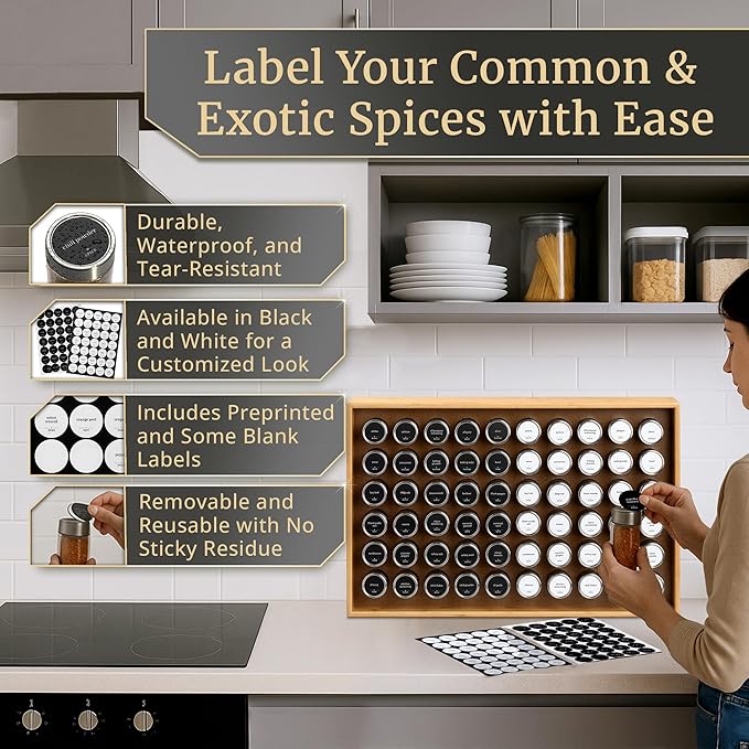 BOURBON & BARREL Wooden Spice Rack Organizer with Glass Jars | Stainless Steel Lids | Bamboo Countertop Spice Organization | 350 Waterproof Spice Labels | 2 Chalk Markers | 60 4oz Jars [Bamboo]