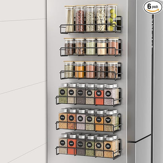 6 Pack Magnetic Spice Rack Organizer for Refrigerator and Microwave Oven, Metal Fridge Shelf for Kitchen, Matt Black