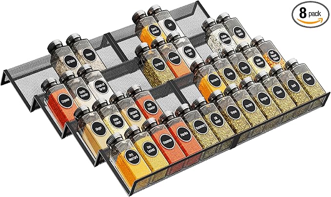 Simple Trending Spice Drawer Organizer,8 Piece Metal Mesh Expandable from 10.75" to 21.5" Insert,Hold up 48 Spice Jars Kitchen Countertop Rack Tray，for Drawer Countertop Jars not included