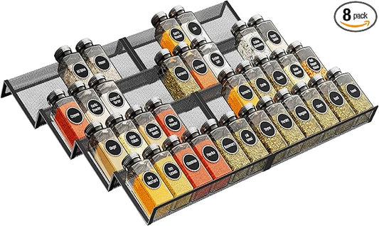 Simple Trending Spice Drawer Organizer,8 Piece Metal Mesh Expandable from 10.75" to 21.5" Insert,Hold up 48 Spice Jars Kitchen Countertop Rack Tray，for Drawer Countertop Jars not included