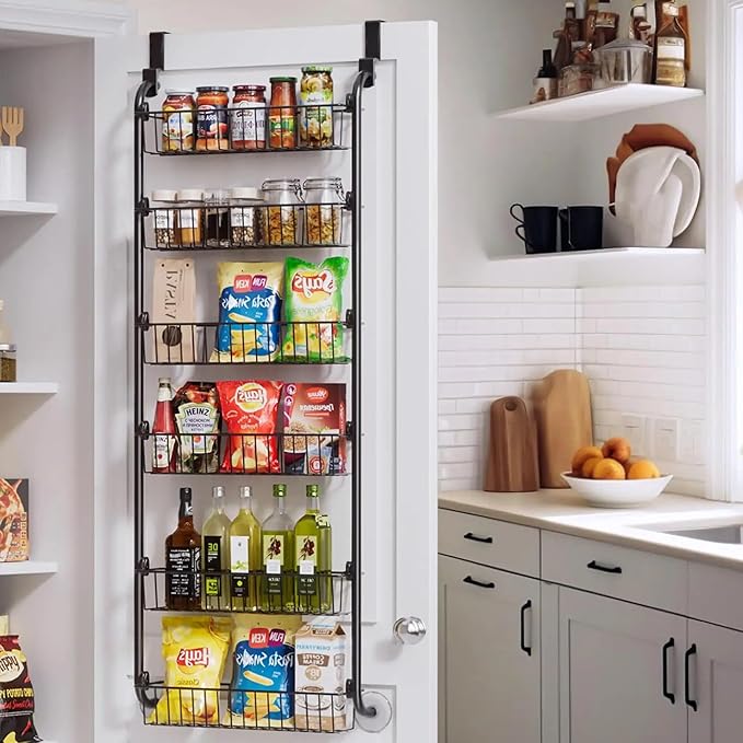 Over the Door Pantry Organizer Storage with 6 Easy to Install Spice Rack Shelves for Pantry Kitchen Bathroom and Cabinet Door