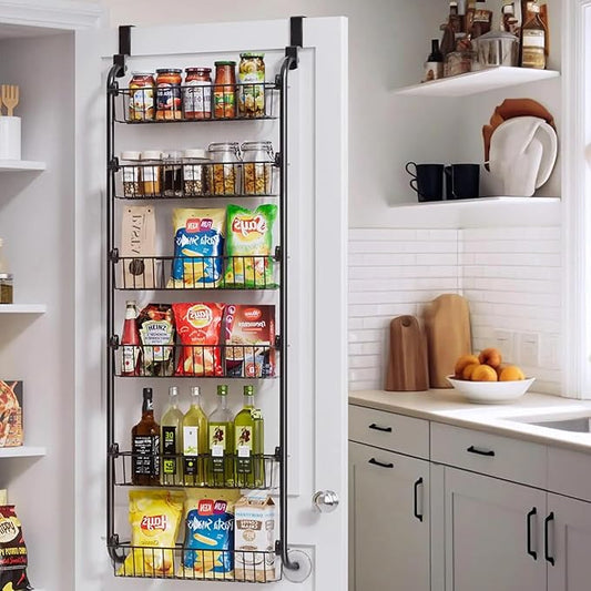 Over the Door Pantry Organizer Storage with 6 Easy to Install Spice Rack Shelves for Pantry Kitchen Bathroom and Cabinet Door
