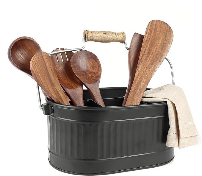 CLEENTABLE Rustic Galvanized Utensil Caddy - Farmhouse Silverware Holder for Kitchen, Dining, Picnic, Parties - Matte Black, 12-Inch, Durable Cutlery Organizer with Handle, Countertop Storage