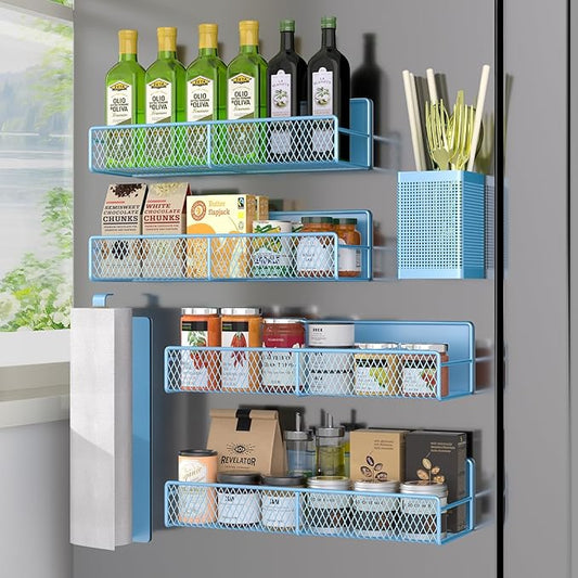 Magnetic Spice Rack for Refrigerator, 6 Pack Metal Magnetic Shelf Blue, Moveable Spice Organizer, Strong Magnetic Storage Fridge Organizer with Paper Towel Holder, Utensils Holder