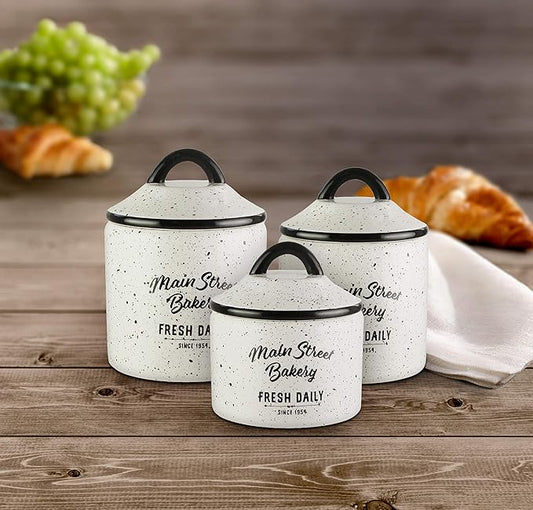 American Atelier Canister Set 3-Piece Glass Jars in Small, Medium, Large. Main St. Design w/Airtight Lids for Cookies, Candy, Coffee, Flour, Sugar, Rice, Pasta, Cereal & More