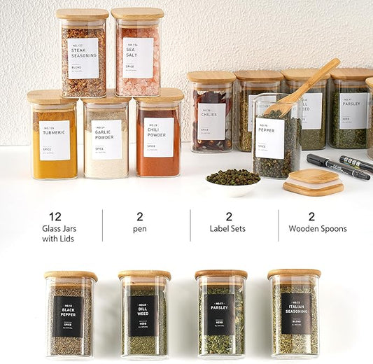 12Pcs Glass Spice Jars with Bamboo Airtight Lids, 8oz Spice Containers with 340 Preprinted Spice Labels of White and Black Color, Empty Seasoning Containers for Spice Salt Sugar Herb
