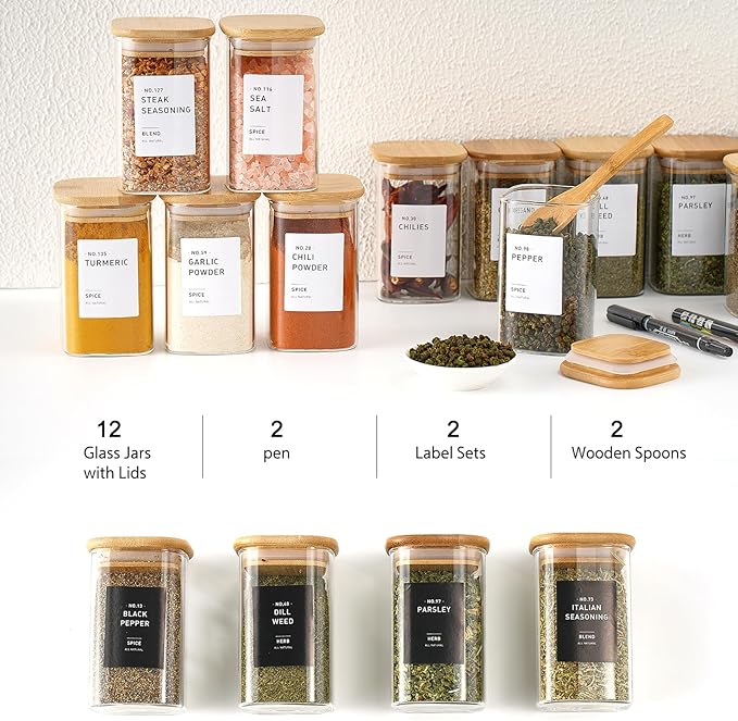 12Pcs Glass Spice Jars with Bamboo Airtight Lids, 8oz Spice Containers with 340 Preprinted Spice Labels of White and Black Color, Empty Seasoning Containers for Spice Salt Sugar Herb