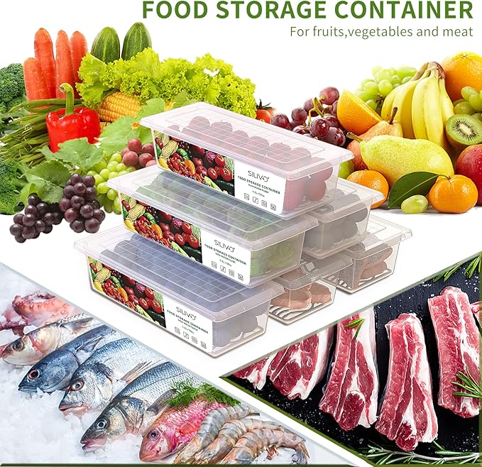 SILIVO Produce Saver Containers for Refrigerator (6 Pack) - 1.5L Fruit Storage Containers for Fridge, Vegetable Storage Containers with Drain Tray Keep Fresh for Veggie, Fruit, Lettuce and Salad