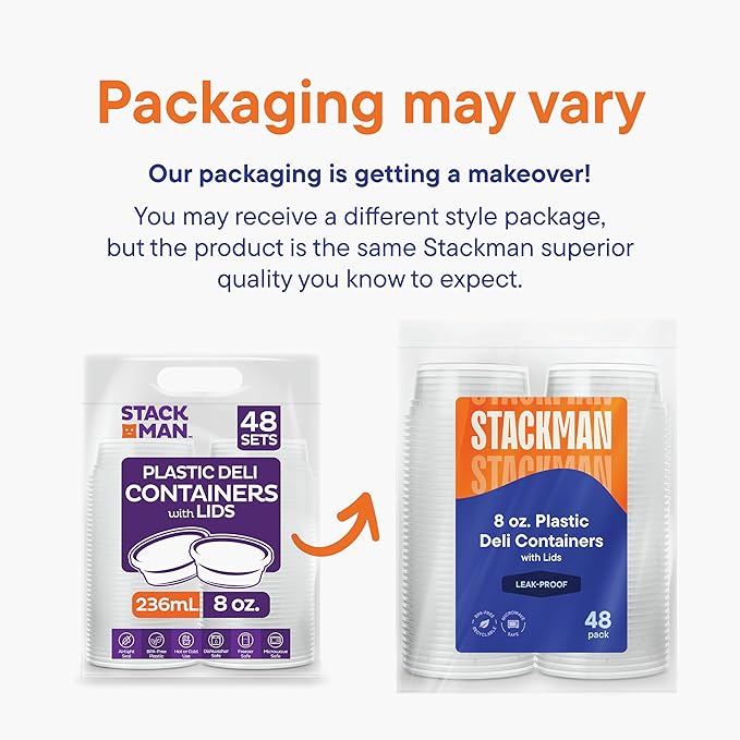 Stack Man [240 Sets - 8 oz.] Clear Plastic Containers with Airtight Lids - Deli Food Storage, Slime, and More - Bulk Pack - Small Containers with Lids - 240/Case Brand