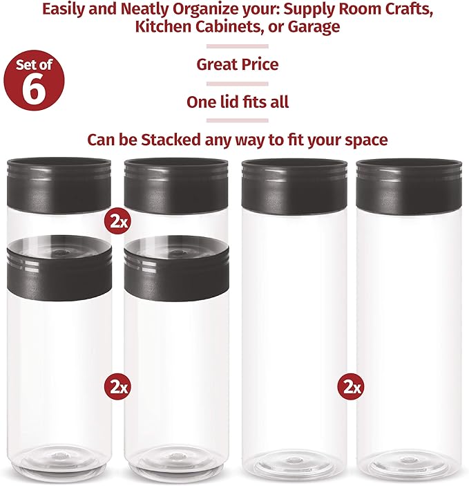 Plastic Jars with Lids – Set of 6 Clear Plastic containers– Space Saving Stackable Plastic Canisters with Lids – 2 of 16, 34, 50 oz. Wide Mouth Plastic Jars for Food Storage, Spaghetti, Crafts BPA Fre