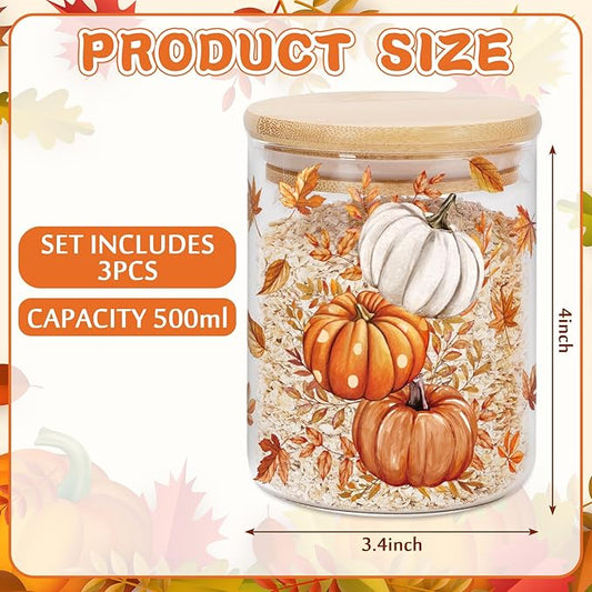 3Pcs Fall Thanksgiving Glass Storage Jars with Airtight Bamboo Lids 17oz Autumn Leaves Pumpkins Clear Food Storage Canisters for Home Kitchen Countertop Decoration