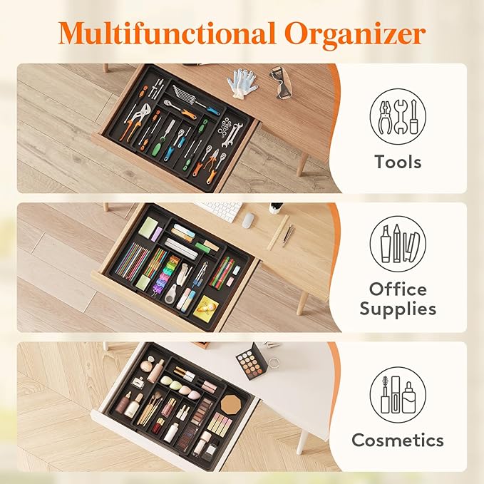 Lifewit Expandable Silverware Drawer Organizer, 22.4 x 16.7 x 2 inches, Adjustable Utensil Cutlery Tray for kitchen, Plastic Flatware Spoon Fork Knives Holder Storage Divider,2 Pack, Black