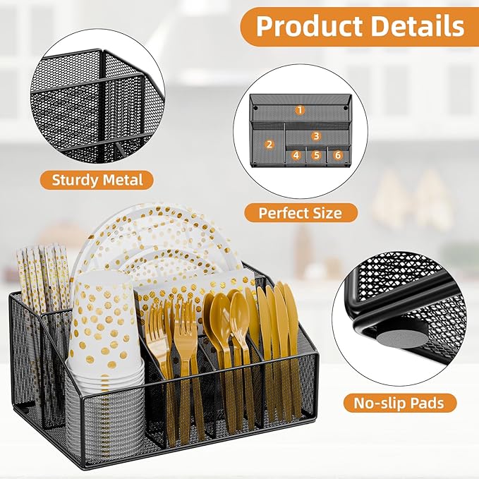 Metal Graduation Paper Plate Dispenser Holders, Disposable Paper Plate Utensils Holder for Party, Napkin Cups-Silverware Cutlery Holder Caddy for Kitchen Counter, Black