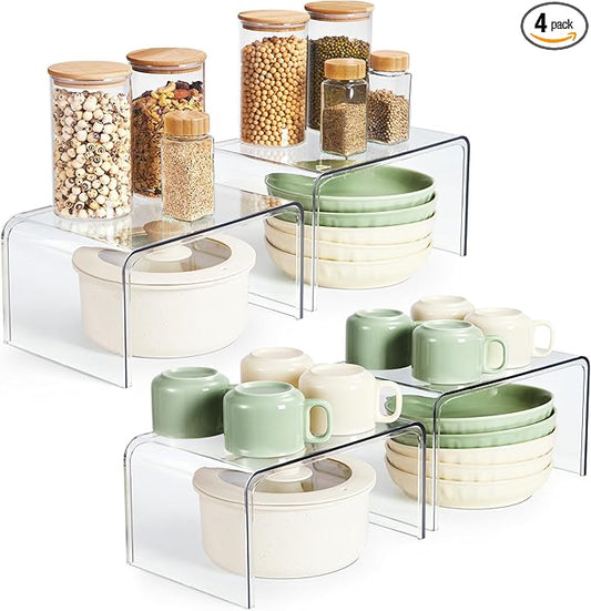 Syntus Cabinet Shelf Organizer, Set of 4 Clear Kitchen Counter Shelves for Kitchen Pantry Storage, Spice Rack