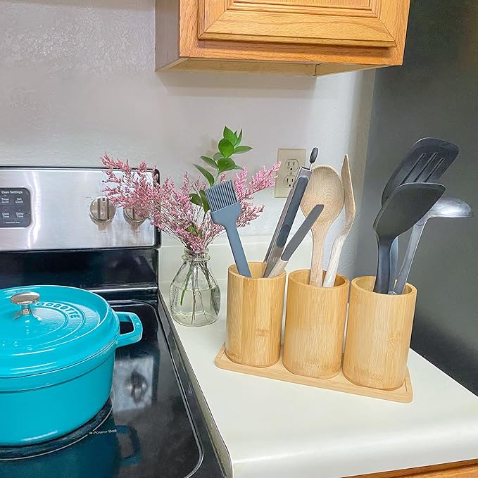 Bamboo Silverware Organizer Countertop, Flatware Caddy, Bamboo Utensil Holder for Party, Kitchen Table, Farmhouse