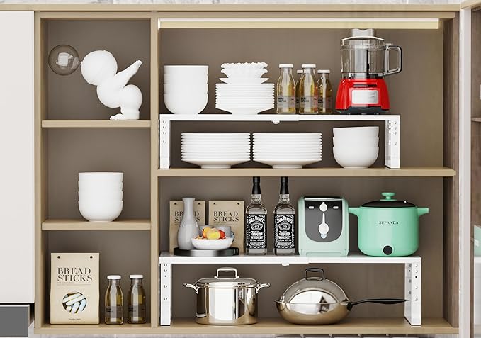 Expandable Stackable Spice Rack Organizer for Kitchen Cabinet,Adjustable Counter Shelf, countertop, Pantry,Cupboard,Bathroom,Bedroom(3Packs/White/Large)