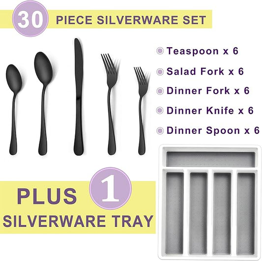 Herogo 30-Piece Matte Black Silverware Set with Drawer Organizer, Stainless Steel Flatware Cutlery Set for 6, Modern Tableware Eating Utensils with Tray, Dishwasher Safe, Satin Finish