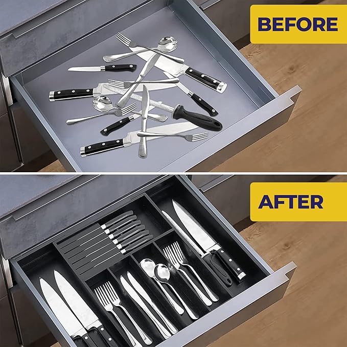 Bamboo Wood Drawer Organizer With Dividers and Removable Knife Block - Silverware and Kitchen Organizer - 12.75-22 x 17 x 2 In (Black)
