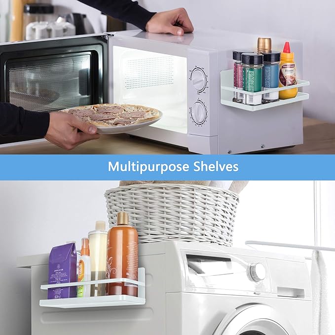 2 Pack - Magnetic Spice Rack, Fridge Organizer Shelf, Side Wall Refrigerator Storage for Spices, Utensils or Plates, Works as Towel Holder with Hooks, Organization for Home and Kitchen (White)