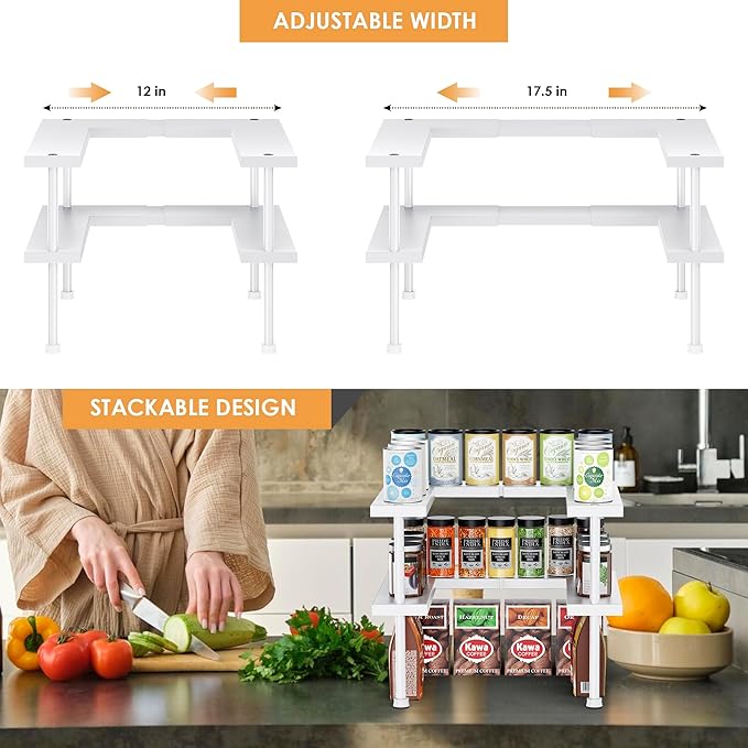 DOLALIKE Expandable Spice Rack Organizer, Stackable Cabinet Shelf Organizer Rack, Space Saving Kitchen Seasoning Organizer Storage for Home Pantry Cupboard (White)