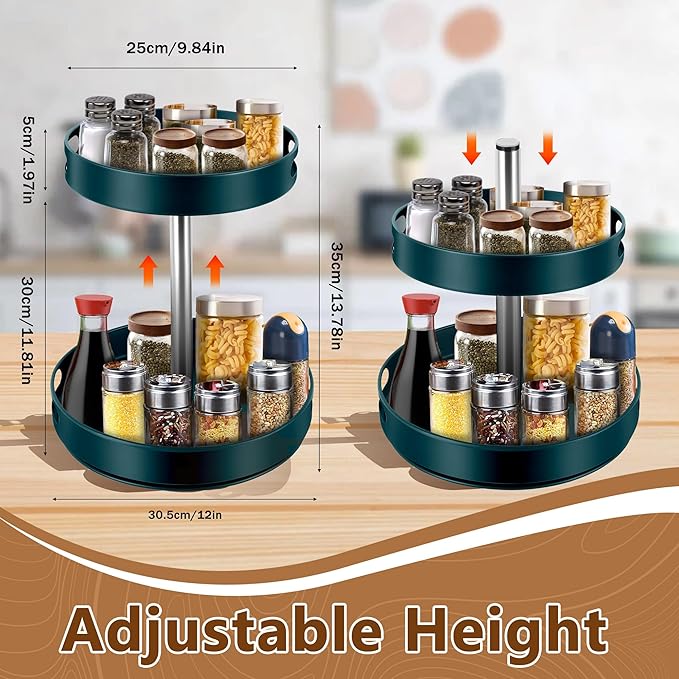 Rack Lazy Susan Organizer, 2 Tier Height Adjustable Rotating Lazy Turntable Organization for Cabinet Kitchen Table Pantry Countertop Refrigerator Cupboard Storage(Green, 12 inch)