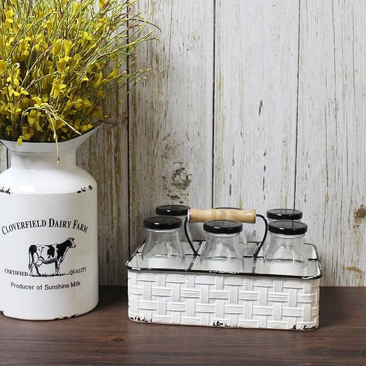 CVHOMEDECO. Rustic Distressed Metal Table Caddy, Bottles holder, Tabletop Organizer, Enamel Finish with Wood handle and 6 Compartments, White