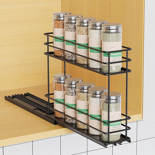 Pull Out Spice Rack Organizer for Cabinet, Slide Out Spice Racks, Easy to Install Spice Cabinet Organizer, 2.75''Wx10.35''Dx8.26''H, 1 Drawers 2 Tiers（Black）