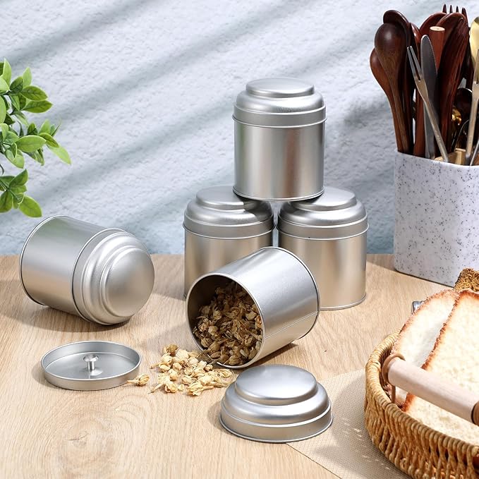 12Pcs Tea Canister Set with Airtight Double Lids, 8 Oz Silver Tea Tin Holder Organizer, Stainless Steel Round Tea-Canisters for Loose-Tea Storage, Coffee, Sugar, Spices