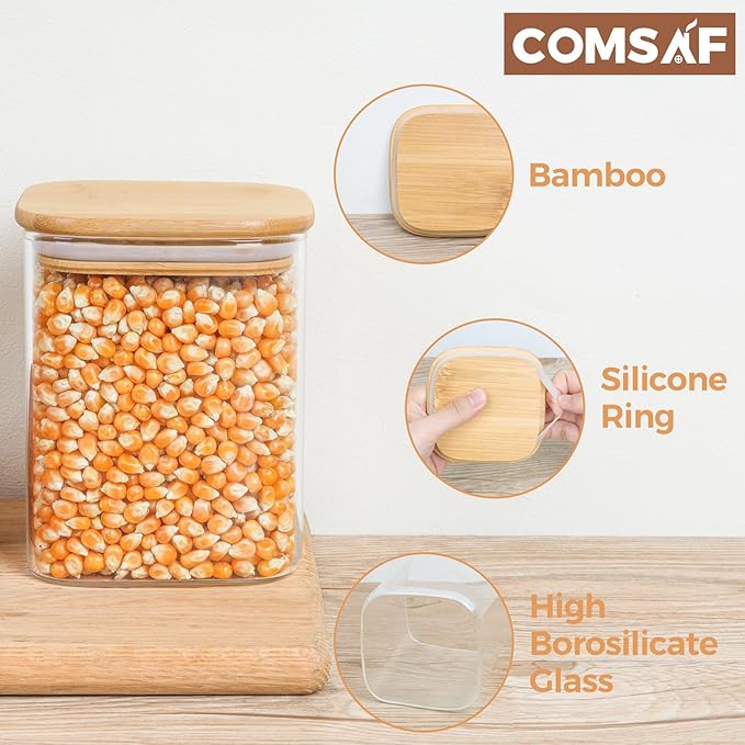 ComSaf 27 oz Glass Food Storage Jars Set of 6, Clear Storage Containers with Airtight Lids, Pantry Organization Jar, Spice Jar, Blooming Tea, Oat, Coffee and Sugar Container, Canister Set for Kitchen