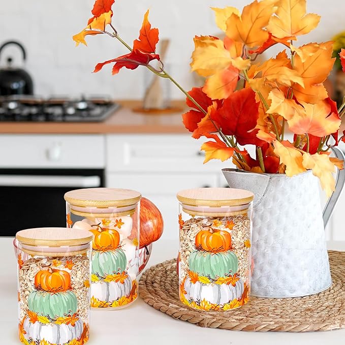 3Pcs Fall Glass Storage Jars Colorful Pumpkin Pile Clear Canisters Sets with Airtight Bamboo Lid for Farmhouse Autumn Thanksgiving Home Kitchen Countertop Decor