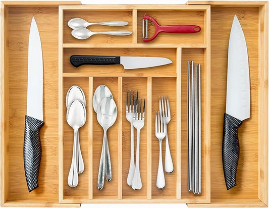 HOMESTEAD Nature Bamboo Expandable Drawer Organizer - Up to 10 Slots, Silverware Organizer, and Cutlery Trays for Kitchen Drawer Divider & Versatile in Bedroom, Office, Cosmetics