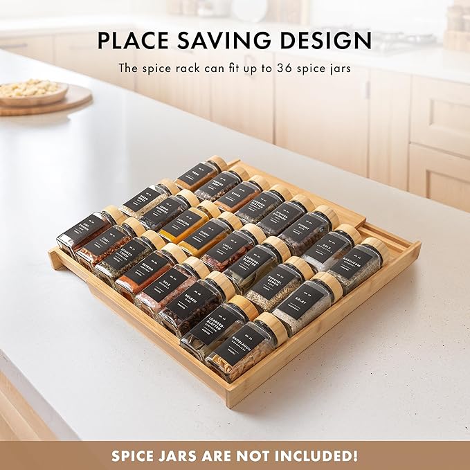Bamboo Spice Drawer Organizer - Expandable 4 Tier Spice Rack (Need 3" Deep Drawer) 12" to 23" Wide, Seasoning Organizer, Organization Seasoning Rack insert for Kitchen Cabinet (Jars Not Included)