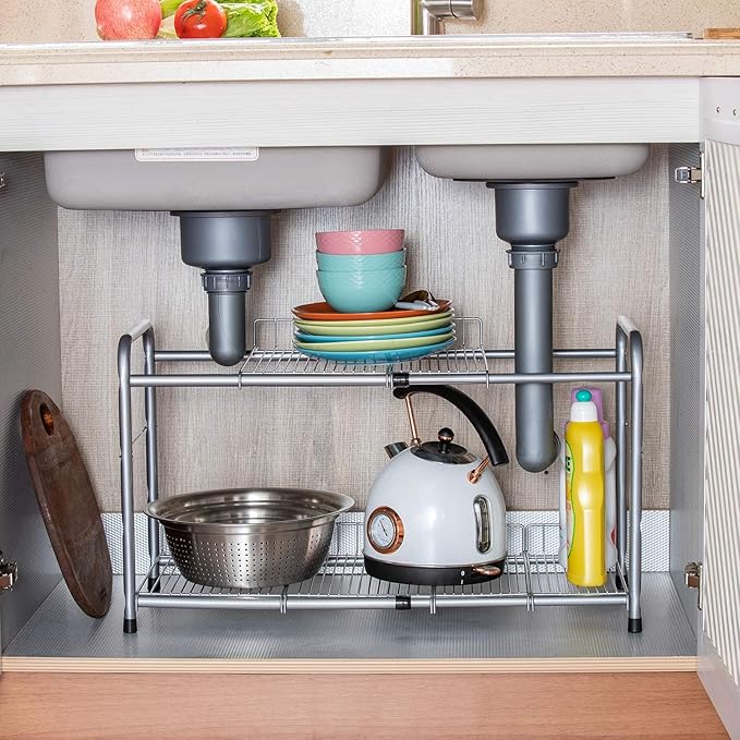 Flagship 2 Tier Under Sink Organizers and Storage Rack Expandable Cabinet Shelf Rack for Kitchen Bathroom Silver (16-25 inches)
