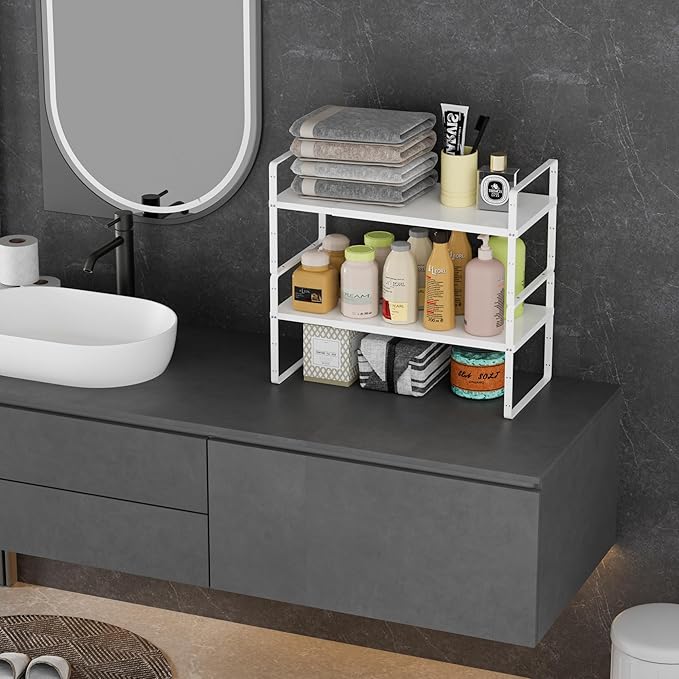 Cabinet Organizer Shelf Expandable Pantry Counter Shelves Stackable Under Sink Inside Cabinet Storage Spice Rack for Kitchen Bathroom Home Office,3 Packs,10.24" D,White