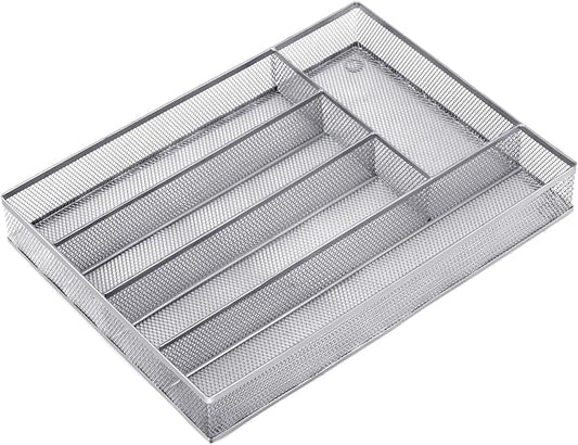 Silverware Drawer Organizer Holder, Cutlery Tray Silverware Flatware Storage Divider for Kitchen, Bedroom, Living Room,Mesh Wire with Non-slip foam Feet, 5 Compoment（ Silver）
