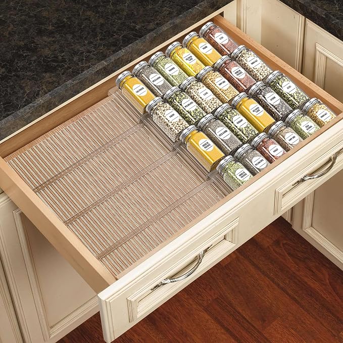 Spice Drawer Organizer, Spice Rack Drawer for Kitchen, 4 Tier Clear Acrylic，Expandable From 13" to 26" Spice Rack Tray for Cabinet/Countertop (8 Pcs Clear)