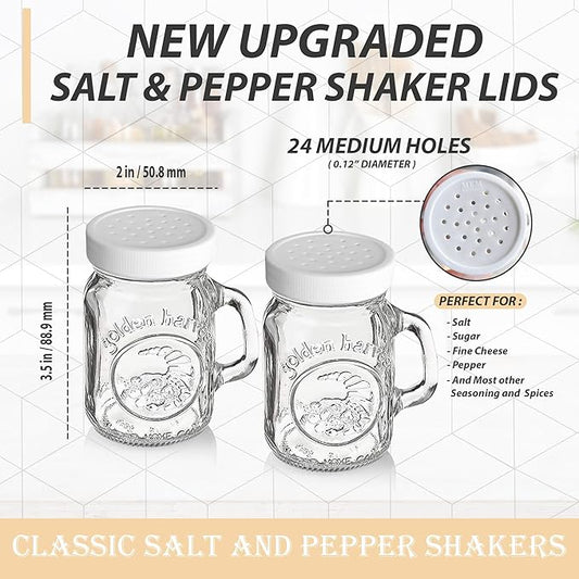 Salt and Pepper Shakers Glass Set With Handle - 4 oz Golden Harvest Ball Mason Jars Glass Salt and Pepper Shakers with White M.E.M Plastic Lids - Perfect for Spices, Table Salt, Black and White Pepper