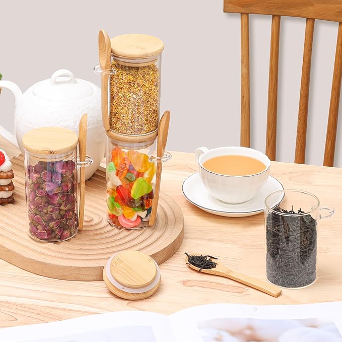 ComSaf 12 Pcs Glass Spice Jars with Spoons, 10oz Containers with Bamboo Lids, Glass Storage Containers with Airtight Lids with 275 Labels for Seasonings, Salt, Loose Leaf Tea Storage