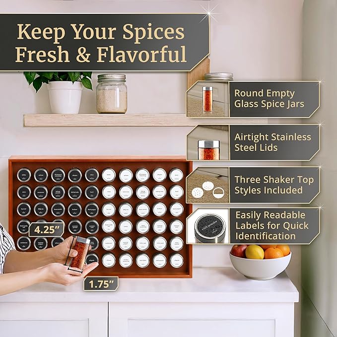 BOURBON & BARREL Wooden Spice Rack Organizer with Glass Jars | Stainless Steel Lids | Bamboo Countertop Spice Organization | 350 Waterproof Spice Labels | 2 Chalk Markers | 60 4oz Jars [Walnut]